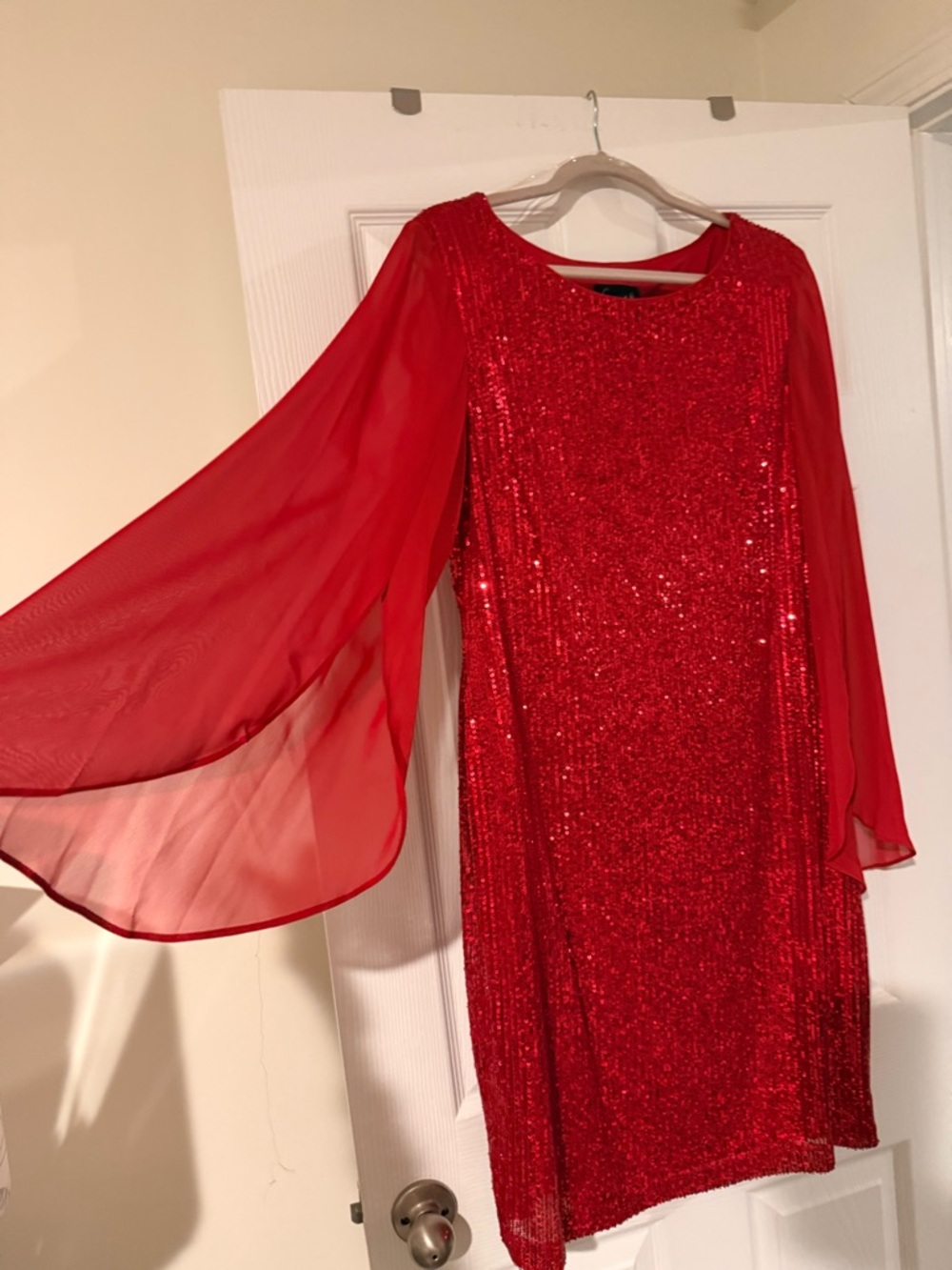Stunning Connected Apparel Red Sequin Dress with scoop neck peekaboo sleeves